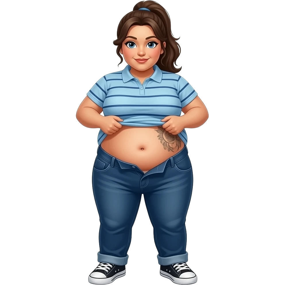 Obese Hispanic woman with brown ponytail and blue eyes light blue dark blue lined polo and dark blue baggy jeans and belly button and black and white sneakers lifting her shirt belly tattoo on front emoji
