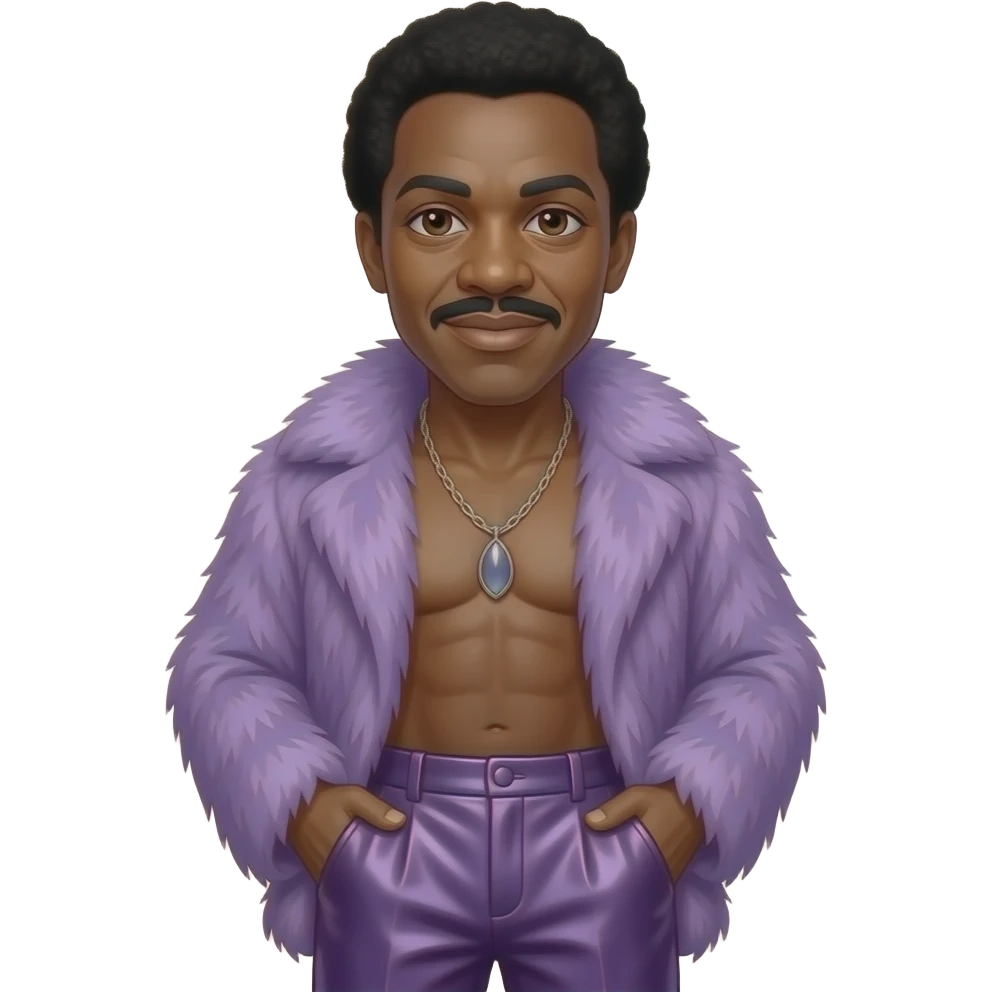Ike Turner with brown eyes, black hair, lavender fur shawl, lavender metallic baggy pants, shirtless with necklace emoji