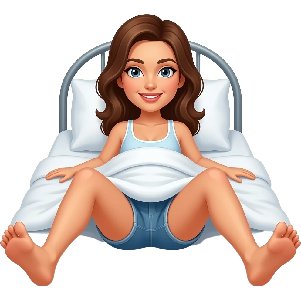 woman with brown hair laying on bed with legs open emoji