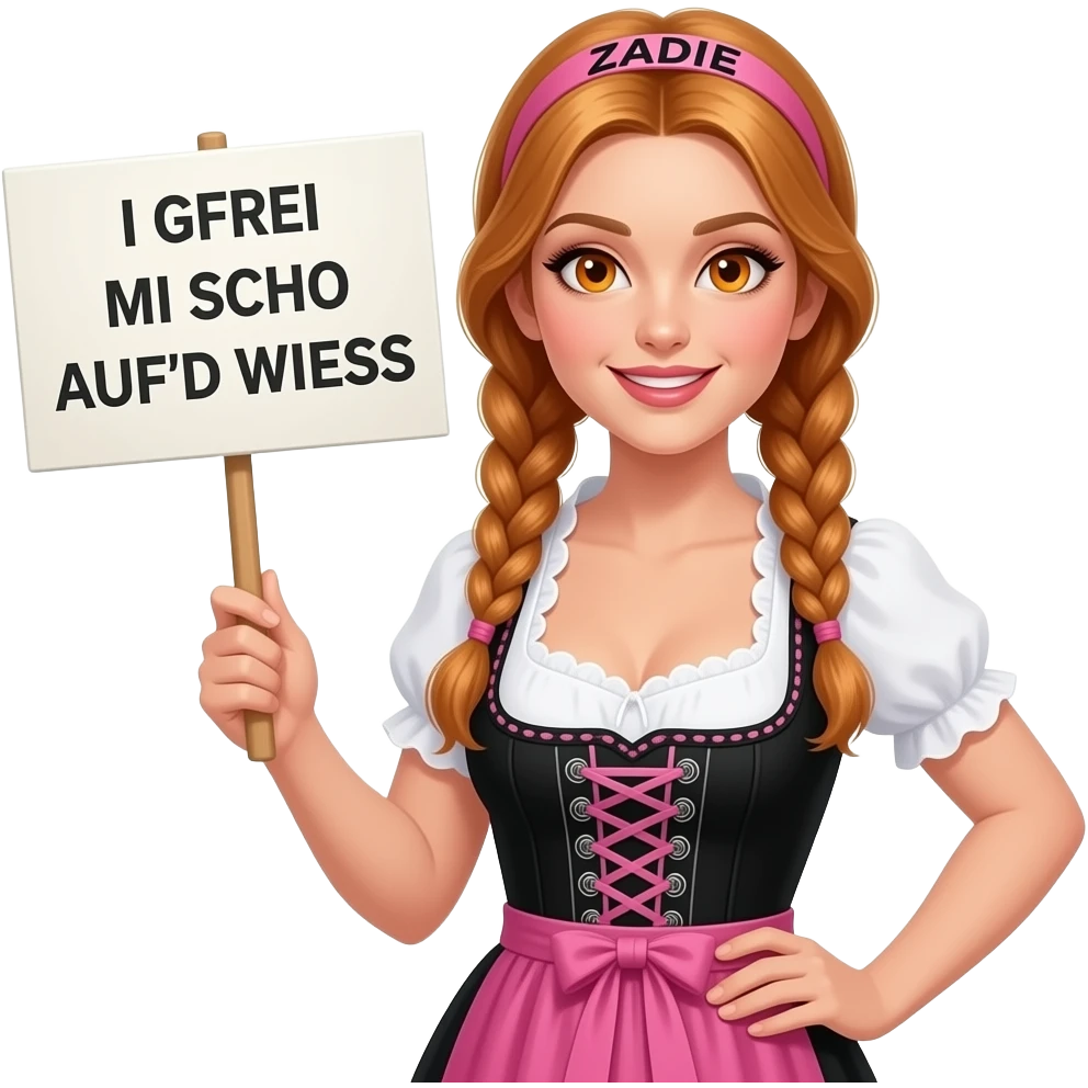 sexy girl with overlong ginger braids and ginger eyes wearing a black pink dirndl and a pink headband with ZADIE written on it, is holding a sign with I GFREI MI SCHO AUF'D WIESN written on it emoji