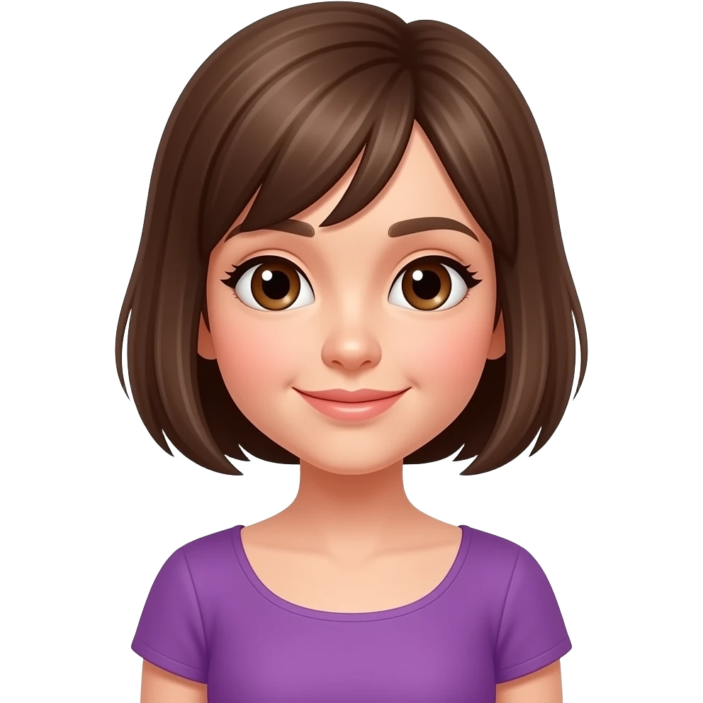 a girl with short brown hair with brown eyes loves dogs purple dress emoji