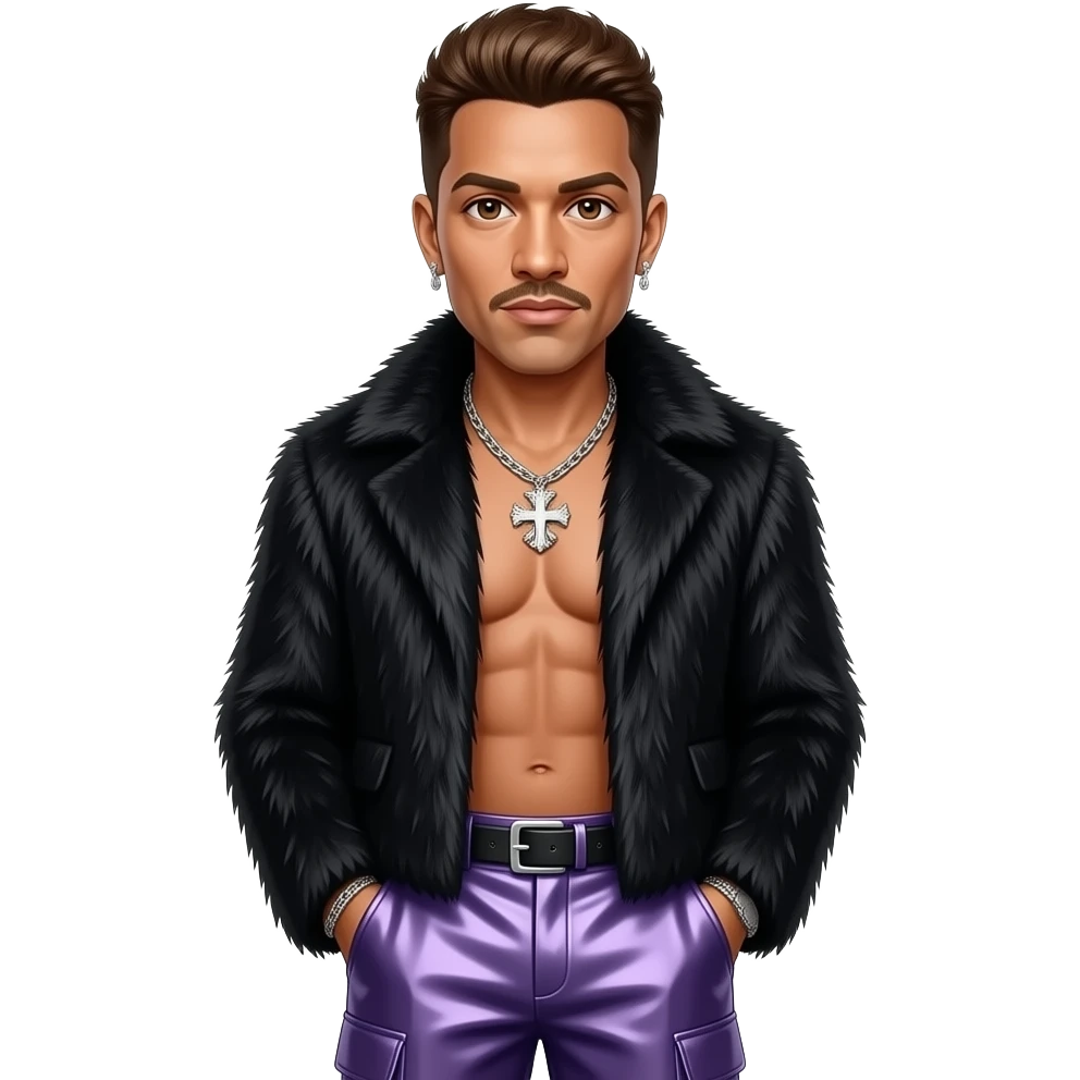 George Michael from Bone Thugs-N-Harmony with hazel eyes, brown hair, black fur shawl, periwinkle metallic baggy pants, shirtless with necklace and earrings emoji
