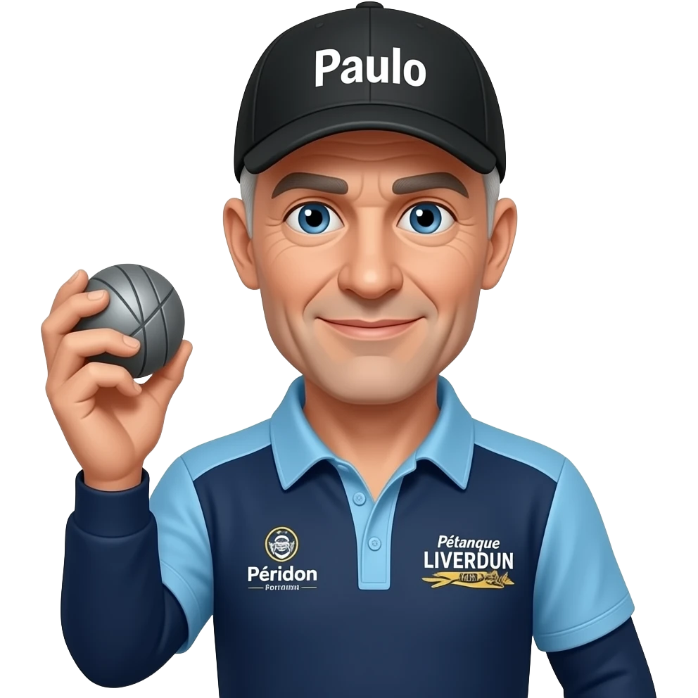 homme 60 ans yeux bleus  rasé, casquette noire avec "Paulo" inscrit dessus avec boule de pétanque grise à la main sur maillot bleu foncé avec col trois boutons bleu clair et avec épaules seules bleu clair coté bras bleu foncé inscription droit "Pétanque LIVERDUN, côté gauche "Péridon Paysage" emoji