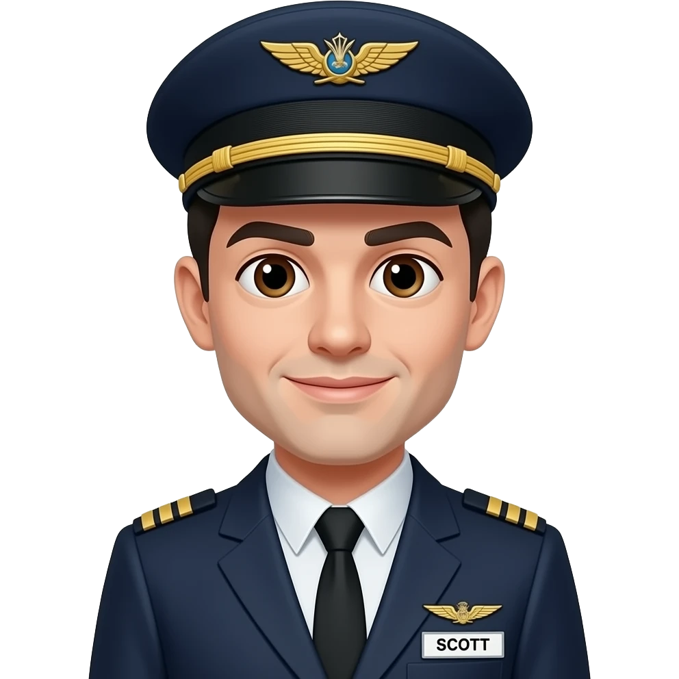 Entire body Male Pilot with legs and shoes and blazer's Black hair white skin brown eyes with hat and name badge under wing badge name “SCOTT” emoji