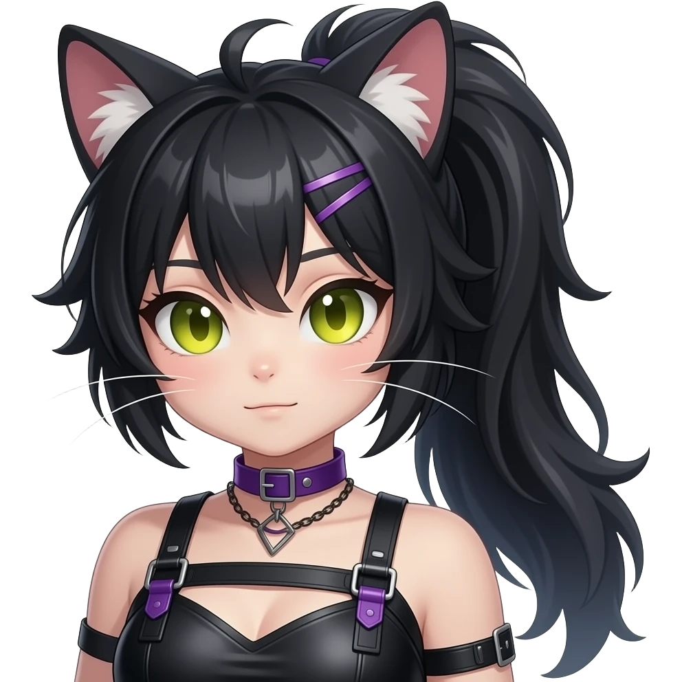 2-legged Gorgeous furry tomboy-hairstyles anthropomorphic digitigrade human-like gothic dark techwear anime style anthro black cat furry sona Fakemon with blushing face yellow-green eyes with ponytail, aesthetic and pretty edgy black with violet collar and harness trending style emoji