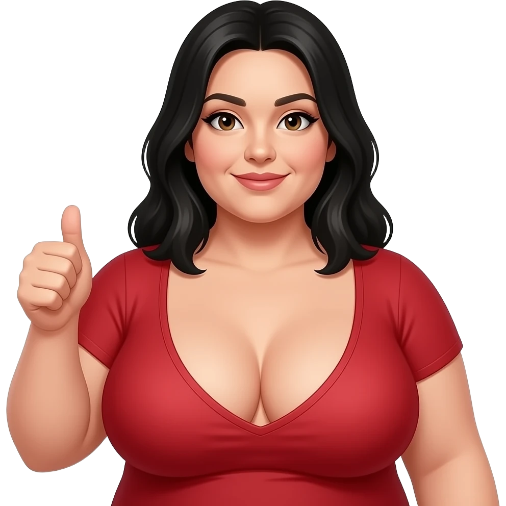 Heavyset woman with black hair and very large breasts Wearing a tight low cut red top giving a thumbs up emoji
