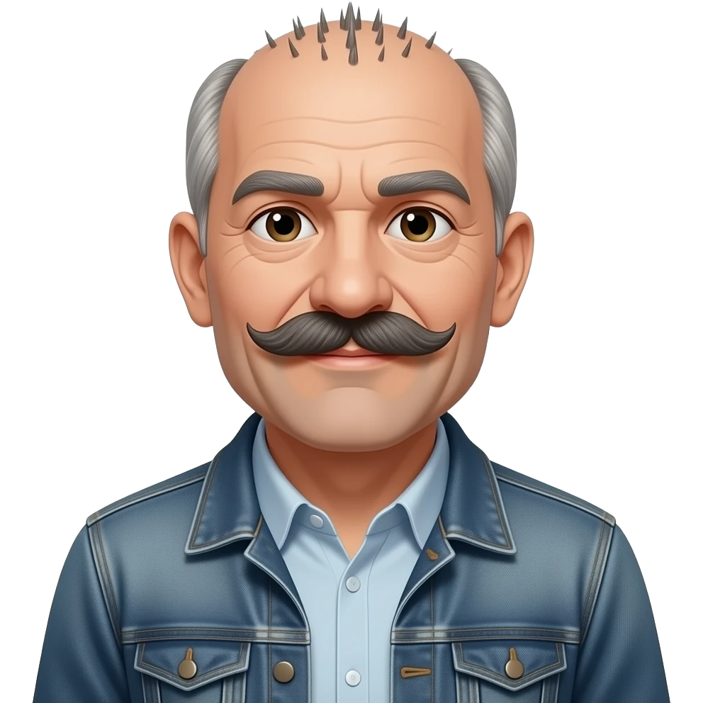 Hombre de 78 con bigote grande y mas oscuro con muchas entradas  con algo de abdomen pantalón vaquero largo cazadora emoji
