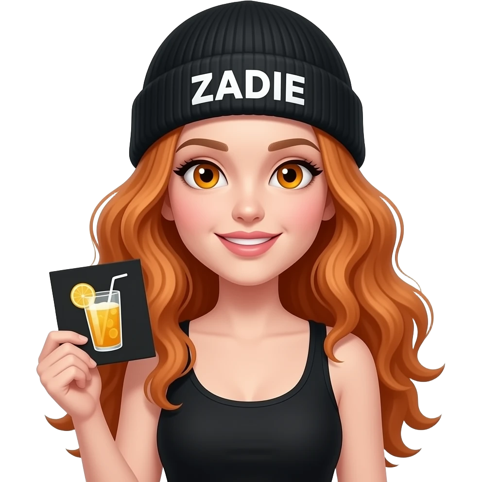 sexy girl with overlong wavy ginger hair and ginger eyes wearing a black tanktop and a black beanie with ZADIE written on it, is holding a black sign with 🍸🍹 on it emoji