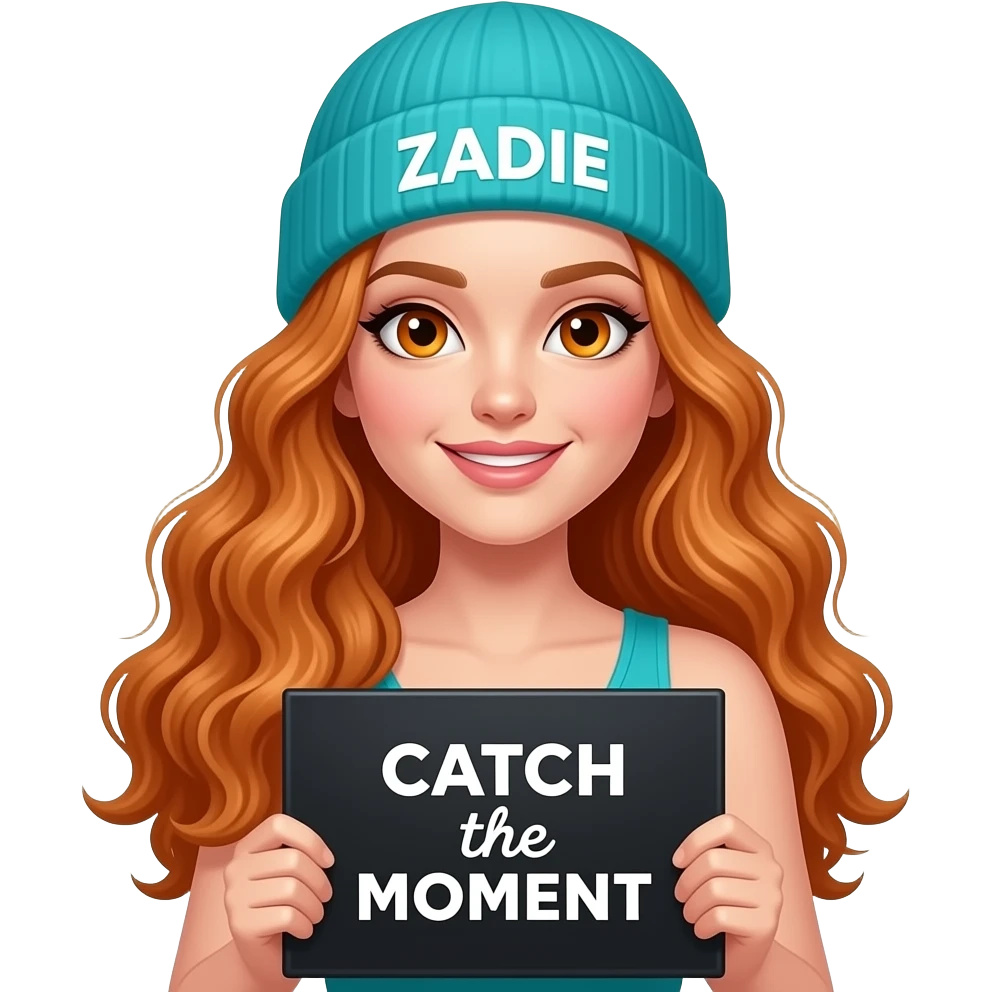 sexy girl with overlong wavy ginger hair and ginger eyes wearing a turquoise tanktop and a turquoise beanie with ZADIE written on it, is holding a black sign with CATCH the MOMENT written on it emoji