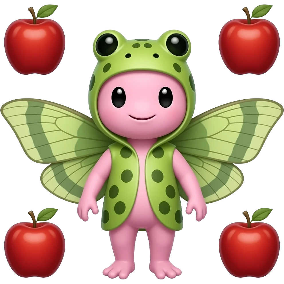 Make an acelotle with an frog moth from the apple (just take the moth not the color from the frog and place it as an moth to the axelotle, the axlelotle has two black dots as eyes) 🐸 and the axelotle is pink. AS APPLES EMOJIS emoji