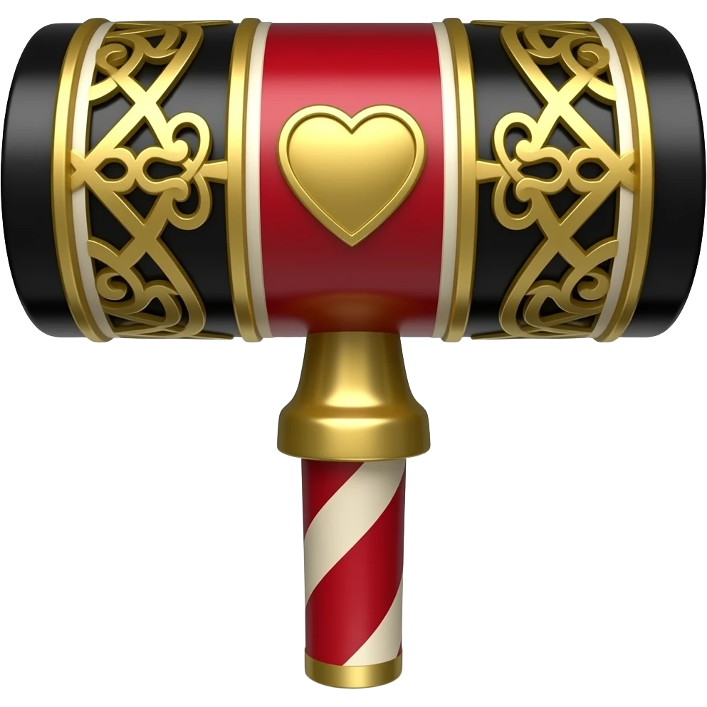 flamboyant royal croquet mallet with a long red-and-gold shaft and an oversized cylindrical head decorated in alternating crimson, black, and ivory patterns. Gold heart emblems and ornate filigree cover both striking faces emoji