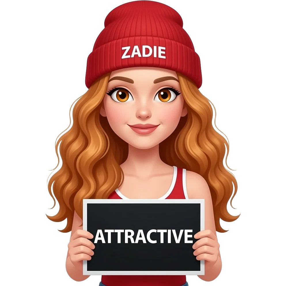 sexy girl with overlong wavy ginger hair and ginger eyes wearing a red tanktop and a red beanie with ZADIE written on it, is holding a black sign with just ATTRACTIVE on it emoji