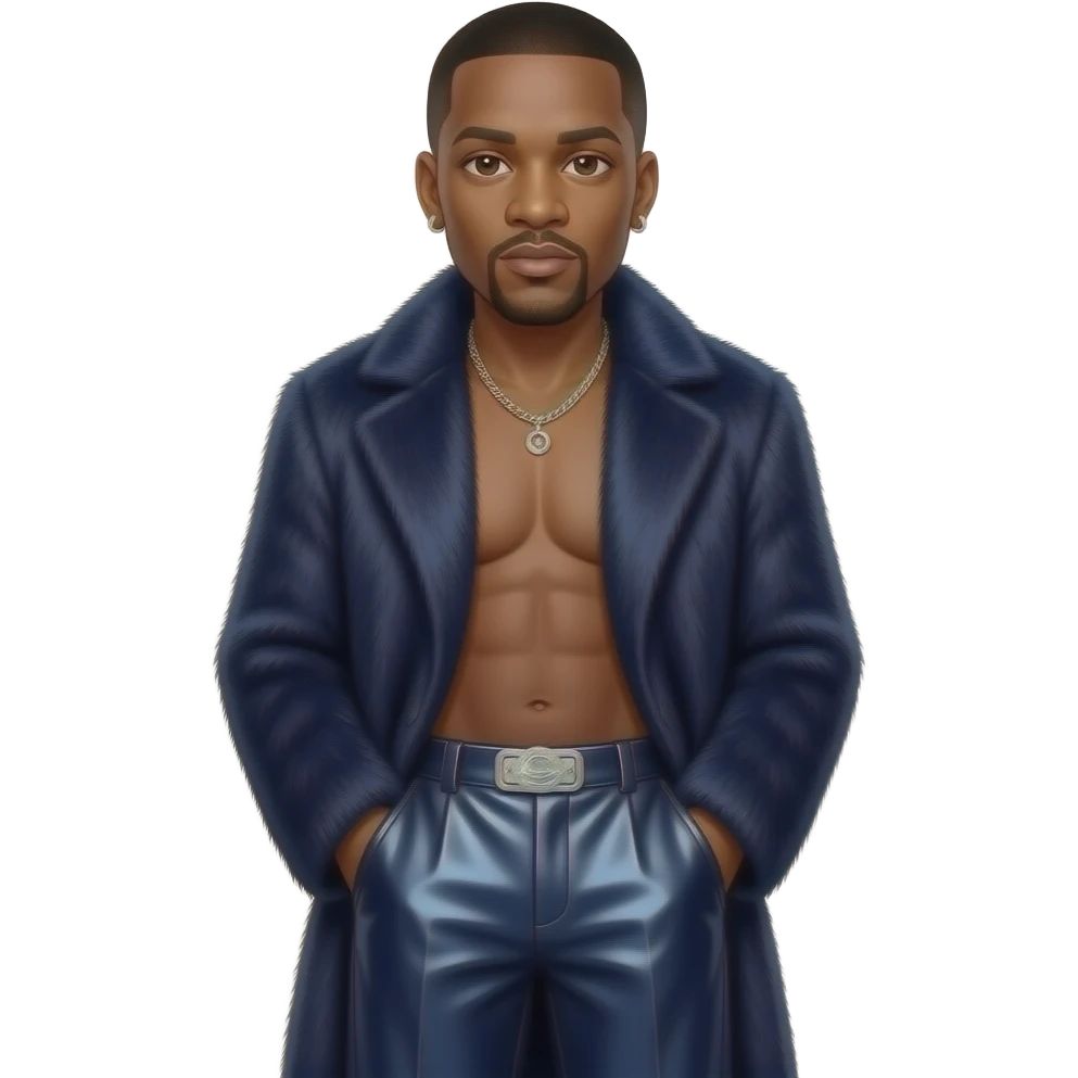 Jay-Z with dark brown eyes, black buzz cut hair, indigo fur coat, dark indigo metallic baggy pants, shirtless with necklace and earrings emoji
