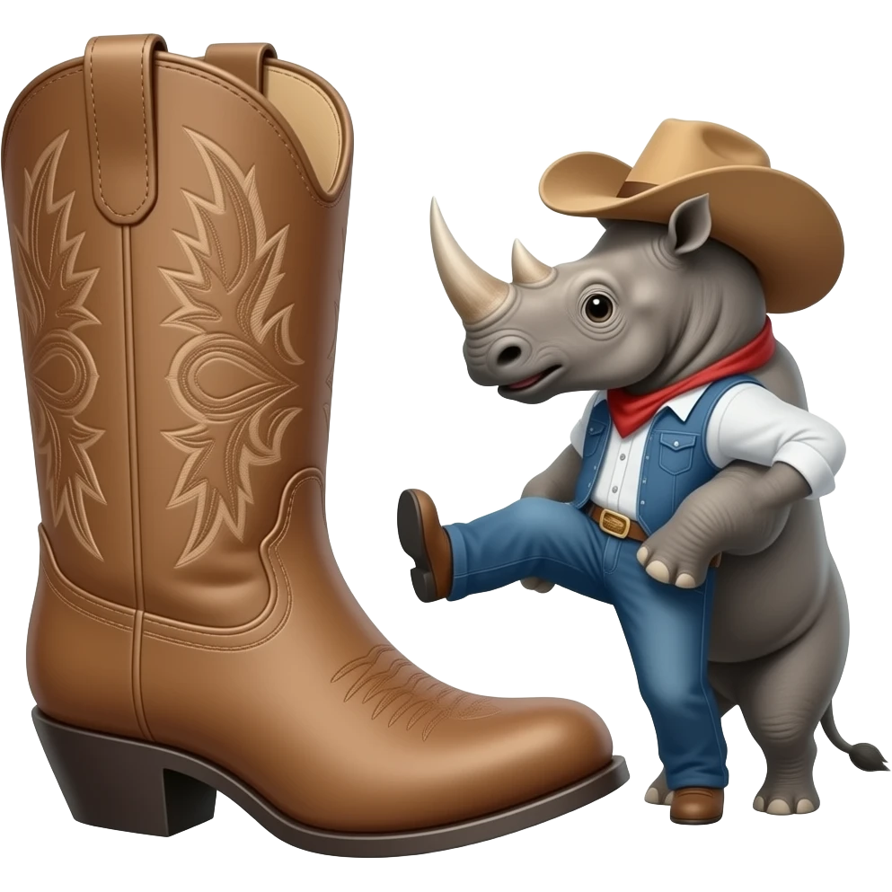 Big texas cowboy boot kicking a rhino emoji
