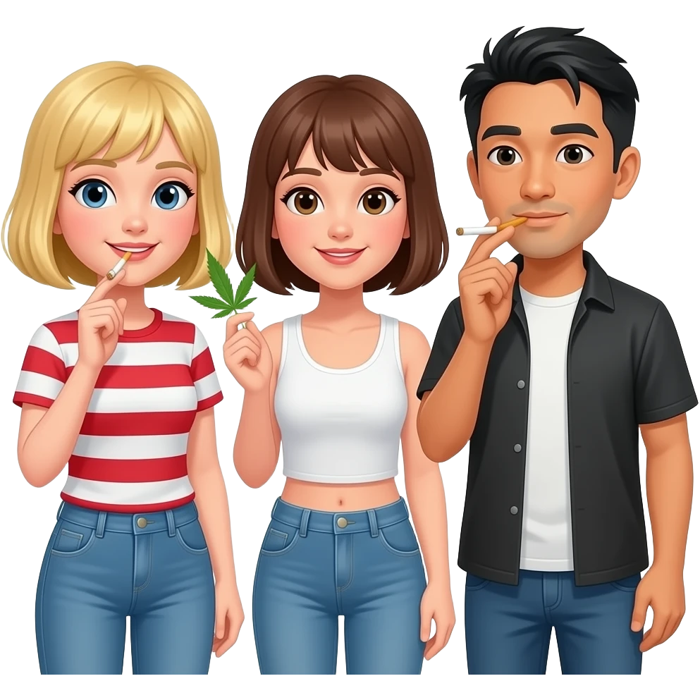 A white blonde girl with a bob, a white brunette girl with a bob, and a half Caucasian half Asian man smoking weed together emoji