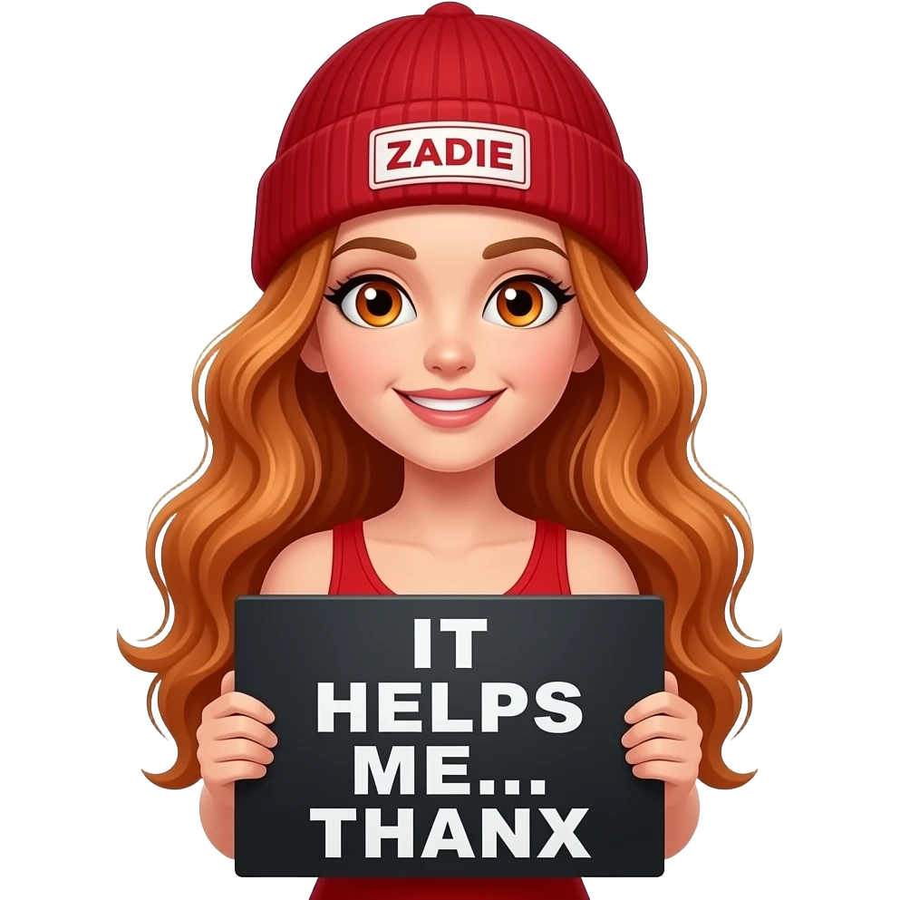 sexy girl with overlong wavy ginger hair and ginger eyes wearing a red tanktop and a red beanie with ZADIE written on it, is holding a black sign with IT HELPS ME... THANX written on it emoji