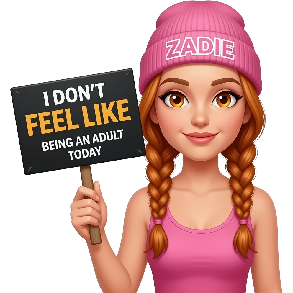 sexy girl with overlong ginger braids and ginger eyes wearing a pink tanktop and a pink beanie with ZADIE written on it, is holding a black sign with Mir ist HEUTE nicht nach ERWACHSEN sein  on it emoji
