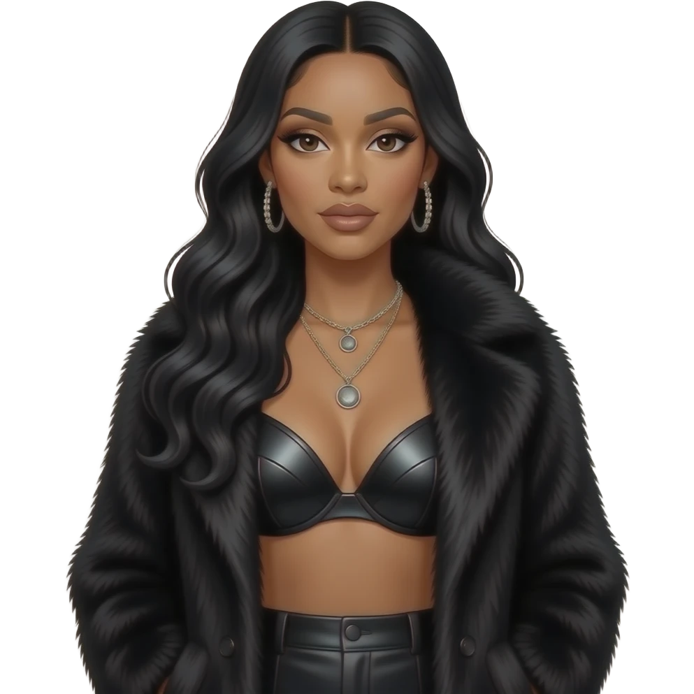 Lil Kim with dark brown eyes, long black hair, black fur coat, black metallic bra, black metallic shirt skirt, necklace and earrings emoji