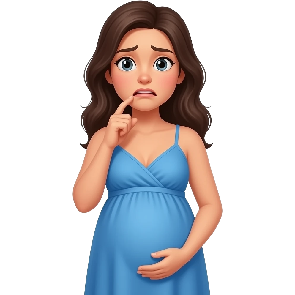 style emoji iphone beautiful pregnant woman with anxious expression while biting her finger home dress blue halfway across her body emoji