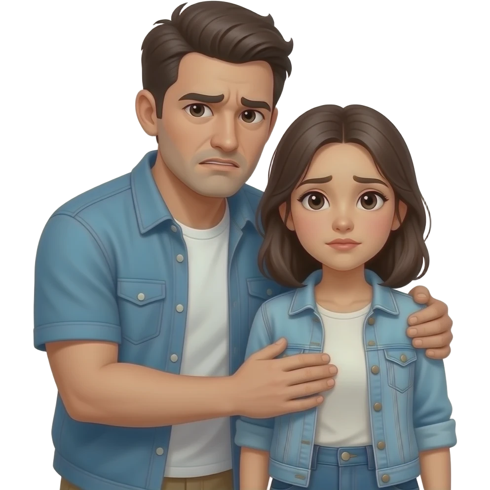 upset guy, protecting poor humble young woman, she has neutral face expression, both wearing street casual clothes emoji