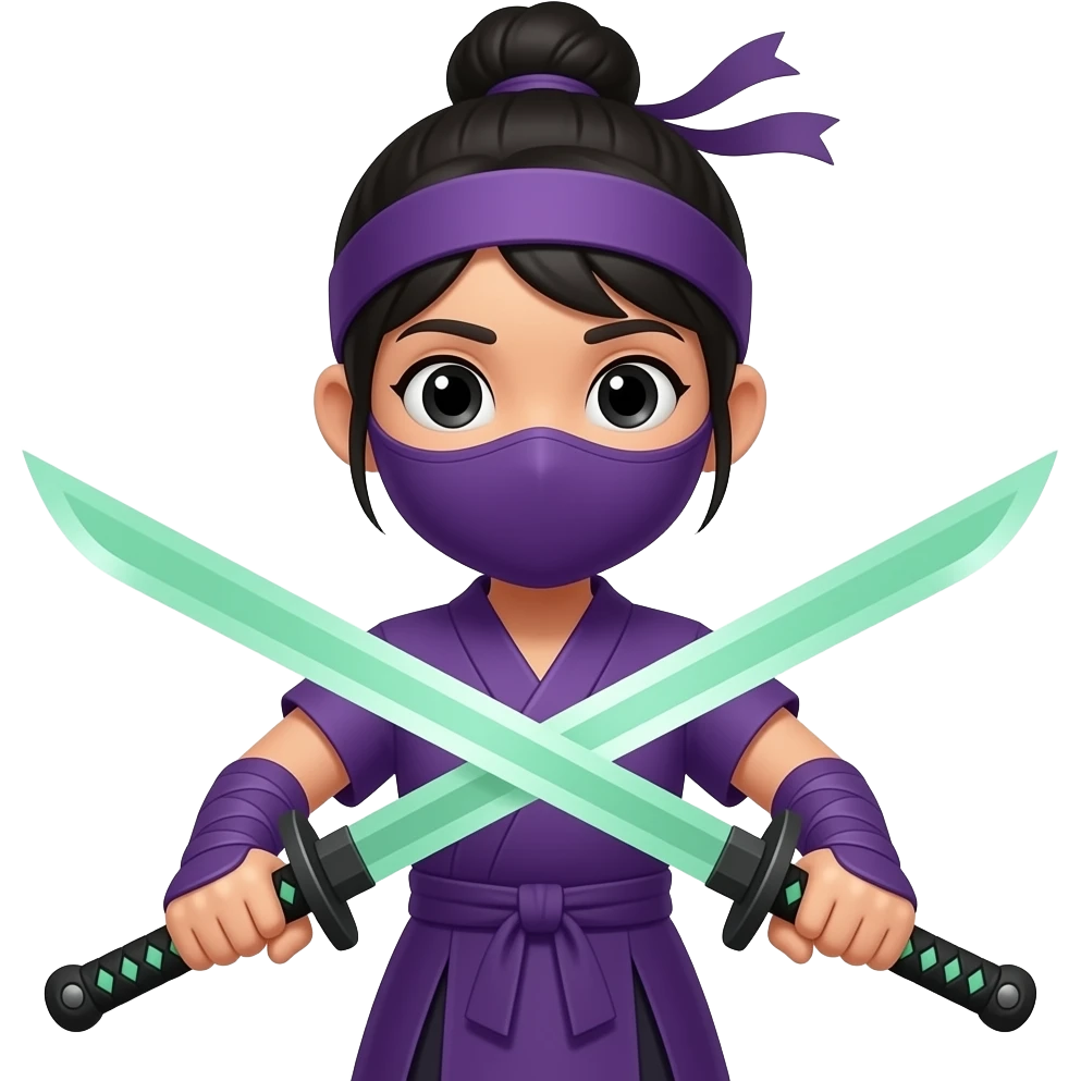 young girl with black hair put up into a bun, wearing a purple ninja dress, wielding a pair of black-handled swords that have green blades emoji