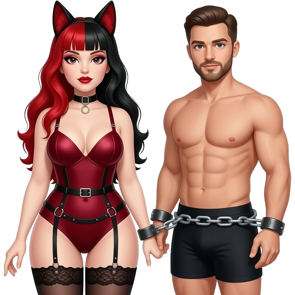 Dominatrix wearing a darkred bdsm style harness lingerie. White skin, chubby, dark Make the girl have long red and black hair and male partner in boxers getting chained up with goatee facial hair emoji
