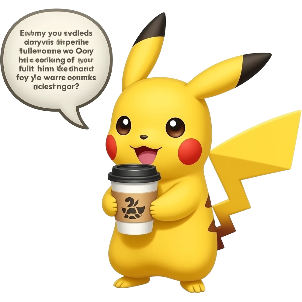 Pikachu, en train de boire un café qui dit dans une bulle n’importe quoi emoji