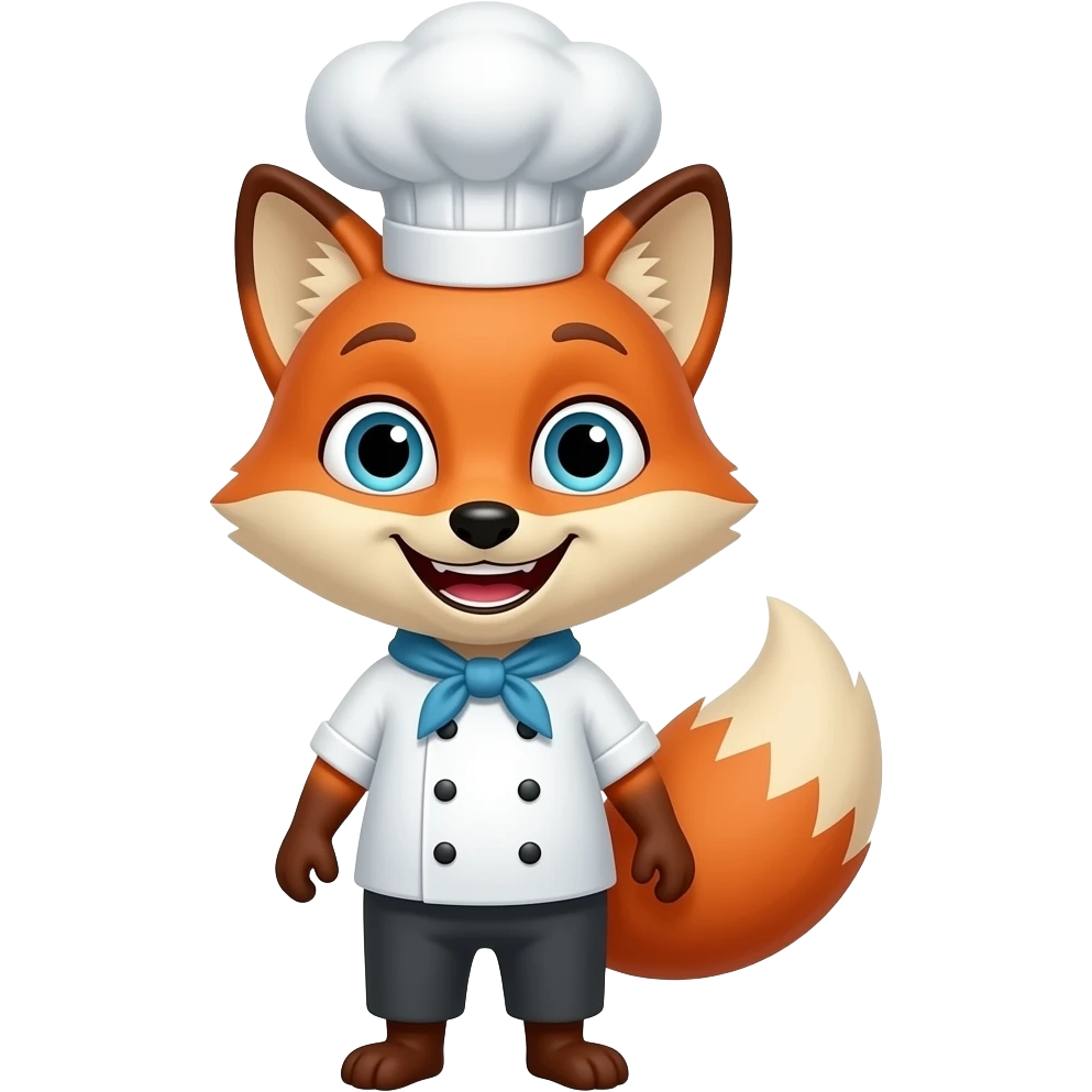 Feral Kitchen & Lounge: pixar style 3D emoji style, glossy surface, soft shadows, white background, centered, no text, wild fox character, chef hat, mischievous grin emoji