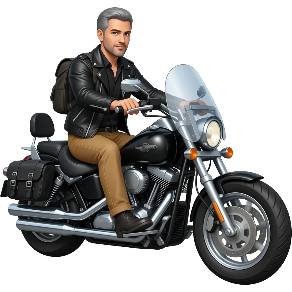 Black and gray short hair clean shaven man with no beard in black leather jacket and black shirt and tan pants riding on a harley with a windshield and saddlebags emoji