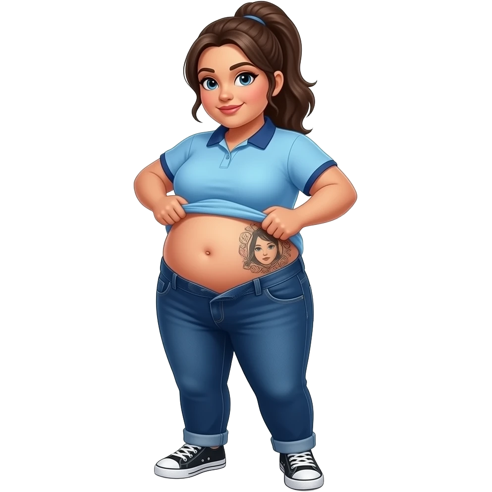 Obese Hispanic woman with brown ponytail and blue eyes light blue dark blue lined polo and dark blue baggy jeans and belly button and black and white sneakers lifting her shirt belly tattoo on front emoji