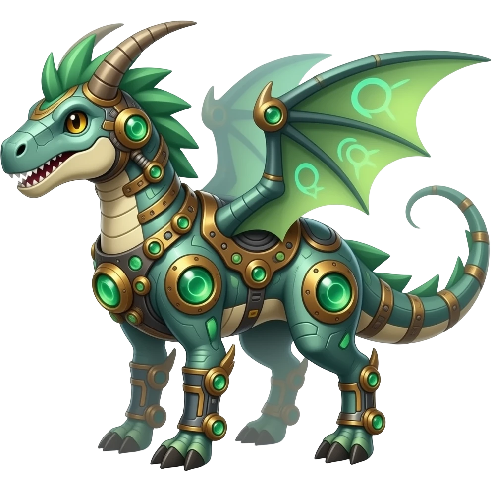 ancient vintage futuristic raptorik fantasy-Cyberpunk-Steampunk-Solarpunk-Genesect-Salamence-Tyranitar-Brony-Vernid-Fionbri-Fakémon-animal-hybrid, full body emoji