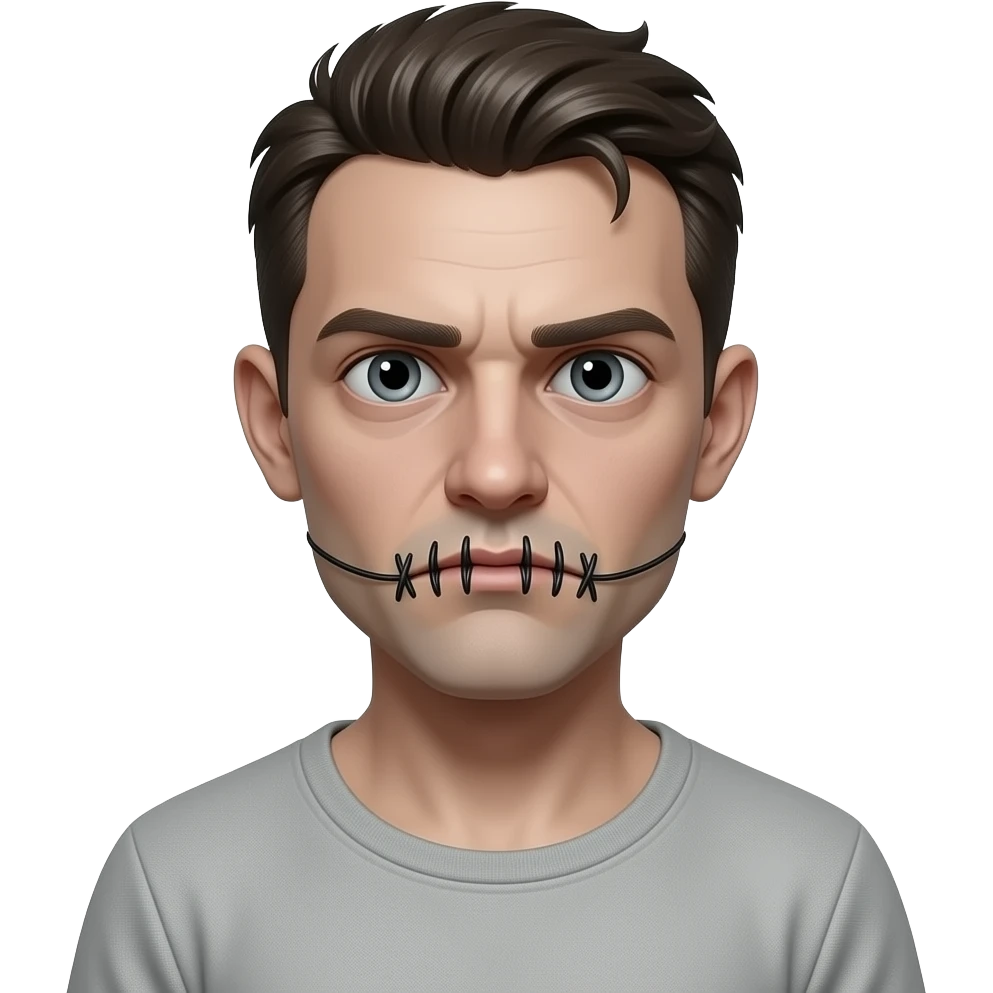 a standing tall pale man with massive eyes and a mouth sewn shut tightly with black thread scary, unnatural look, , very skinny raggedy clothes emoji