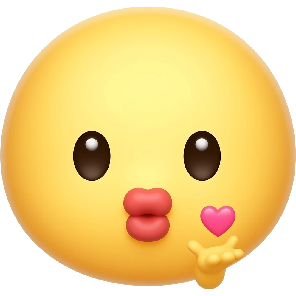 Cute blowing kiss emoji, yellow round face, puckered lips, small hand blowing a kiss, floating pink heart, playful expression, glossy 3D Pixar-style render, face and hand only, white background, high quality emoji