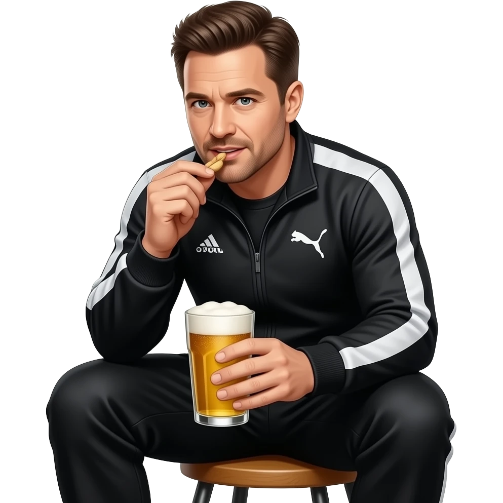 Колин фарел сидит на табуретке в спортивном черном костюме puma и ест орешки с бокалом пива emoji