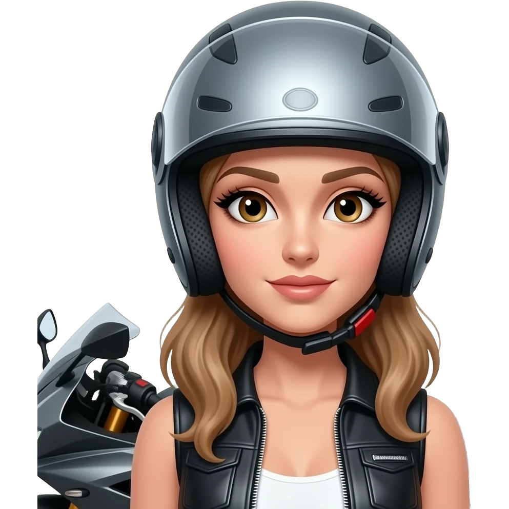 mulher com um capacete de mota que SÓ se ve os seus olhos ou seja a cara é quase toda tapada com o capacete menos os olhos porem aberto e que se veja os cílios bem grandes e a mota ao lado da mulher e a mesma com roupa de motoqueira com os olhos mais relaxados emoji