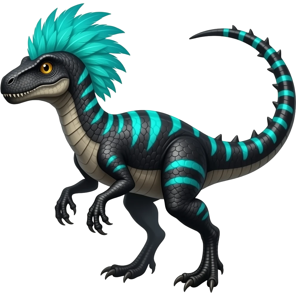 Cool edgy ancient black-scaled with neon-turquoise stripe markings digitigrade bipedal vintage futuristic raptorik fantasy-Cyberpunk-Steampunk-Solarpunk-Genesect-Salamence-Cyclizar-Salazzle-Feraligatr-Fakémon-animal-hybrid, with neon feather-mane, and a tail blade, back spikes, full body emoji