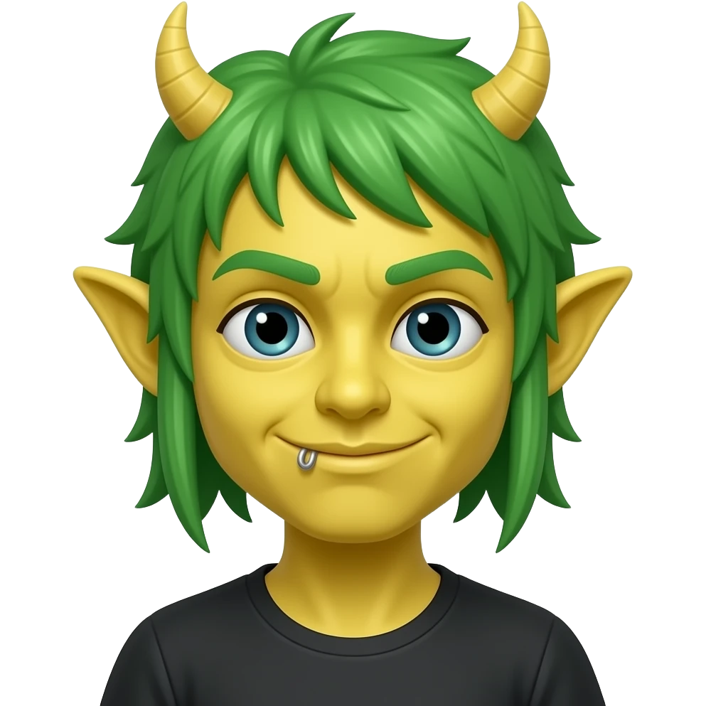 Yellow faced classic emoji with green hair like a troll doll and lip piercings emoji