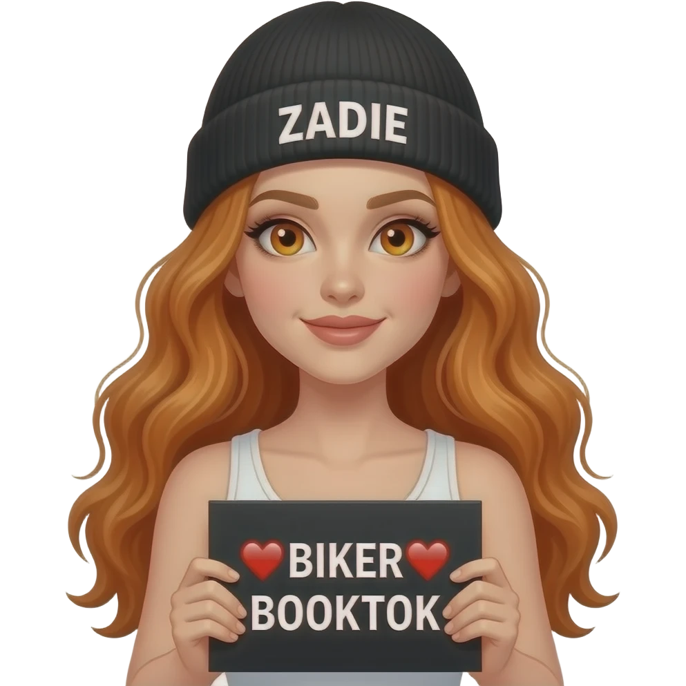 TEXT_sexy girl with overlong wavy ginger hair and ginger eyes wearing a white tanktop and a black beanie with ZADIE written on it, is holding a black sign with 🧡BIKER🧡 BOOKTOK written on it emoji
