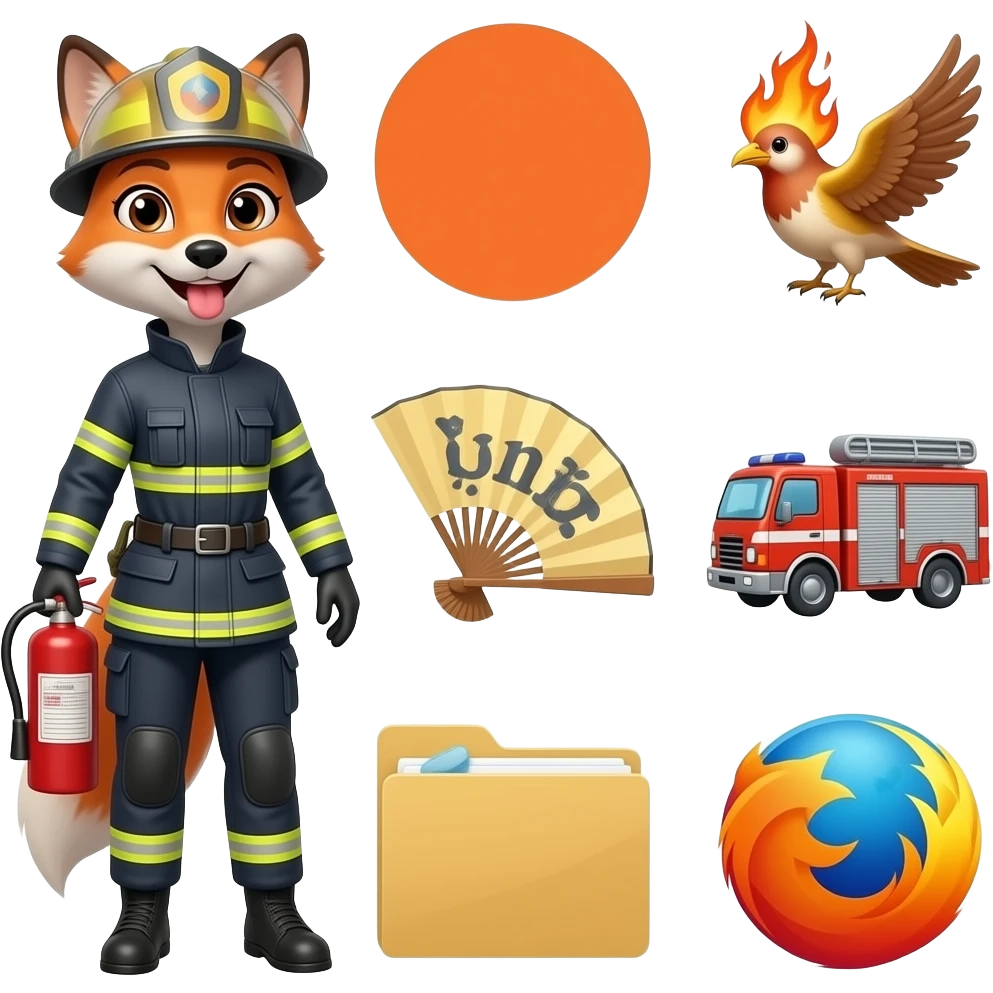🦊👩‍🚒🐦‍🔥🧯🔥🚒📂🪭🟠🫆📠📑📁 Firefox emoji