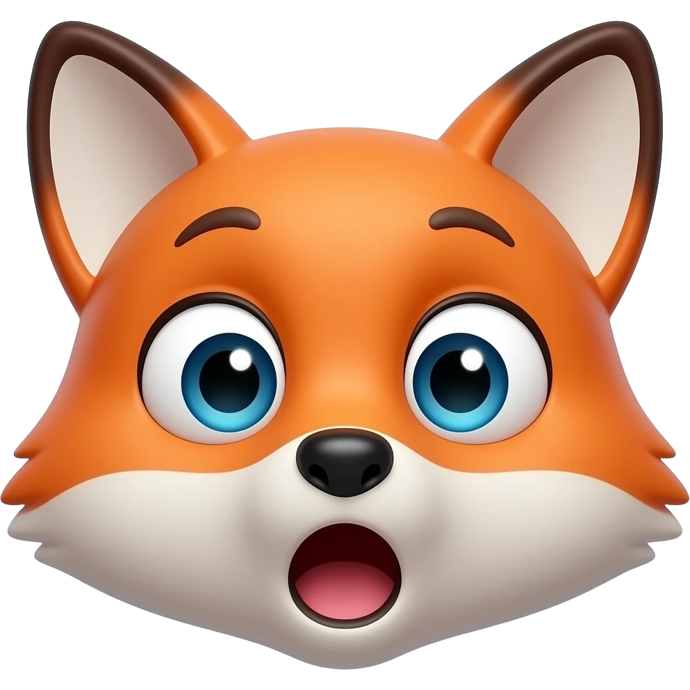 Surprised fox emoji, wide open eyes, small open mouth, raised ears, orange fur, funny expressive 3D emoji sticker emoji