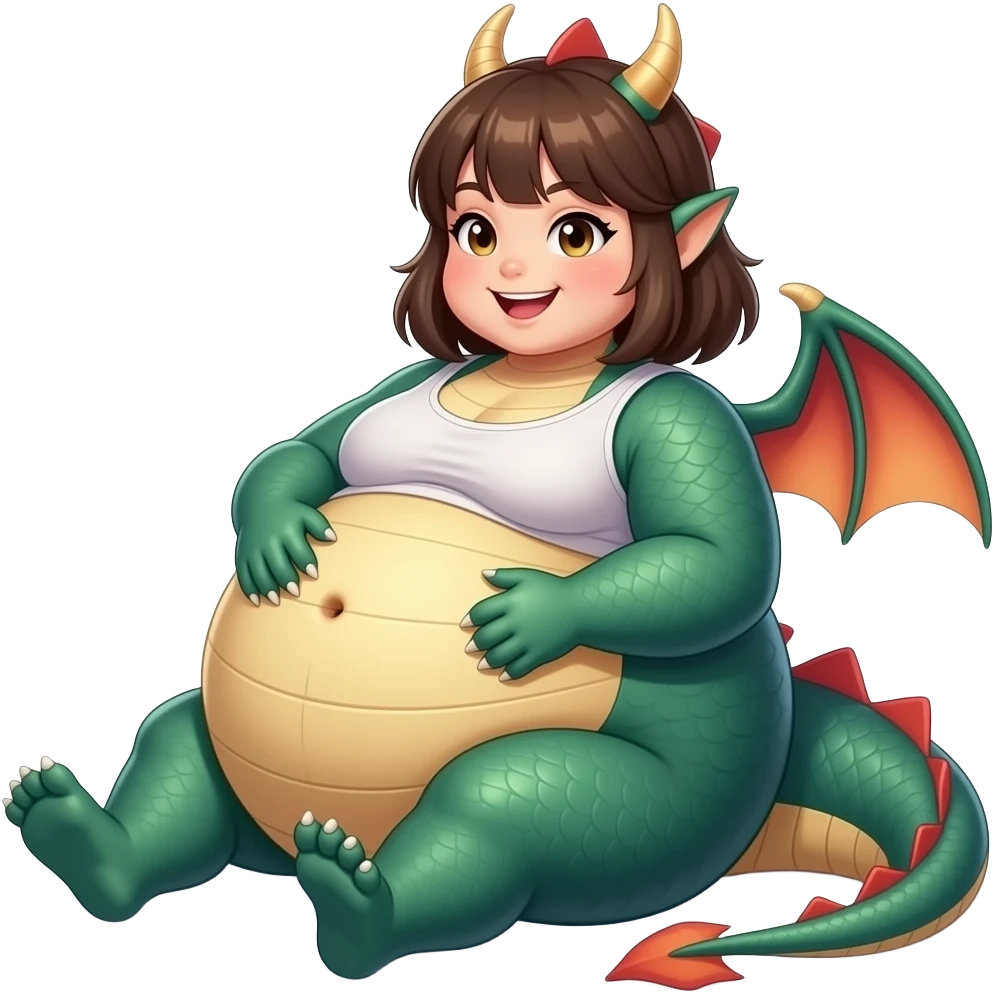 A lounging girl dragon,so fat & full that her heavy big round tummy looks pregnant,she is so bloated,how about a gentle tickle rub on her sensitive bellybutton to make her proudly giggle,what a fatty. emoji