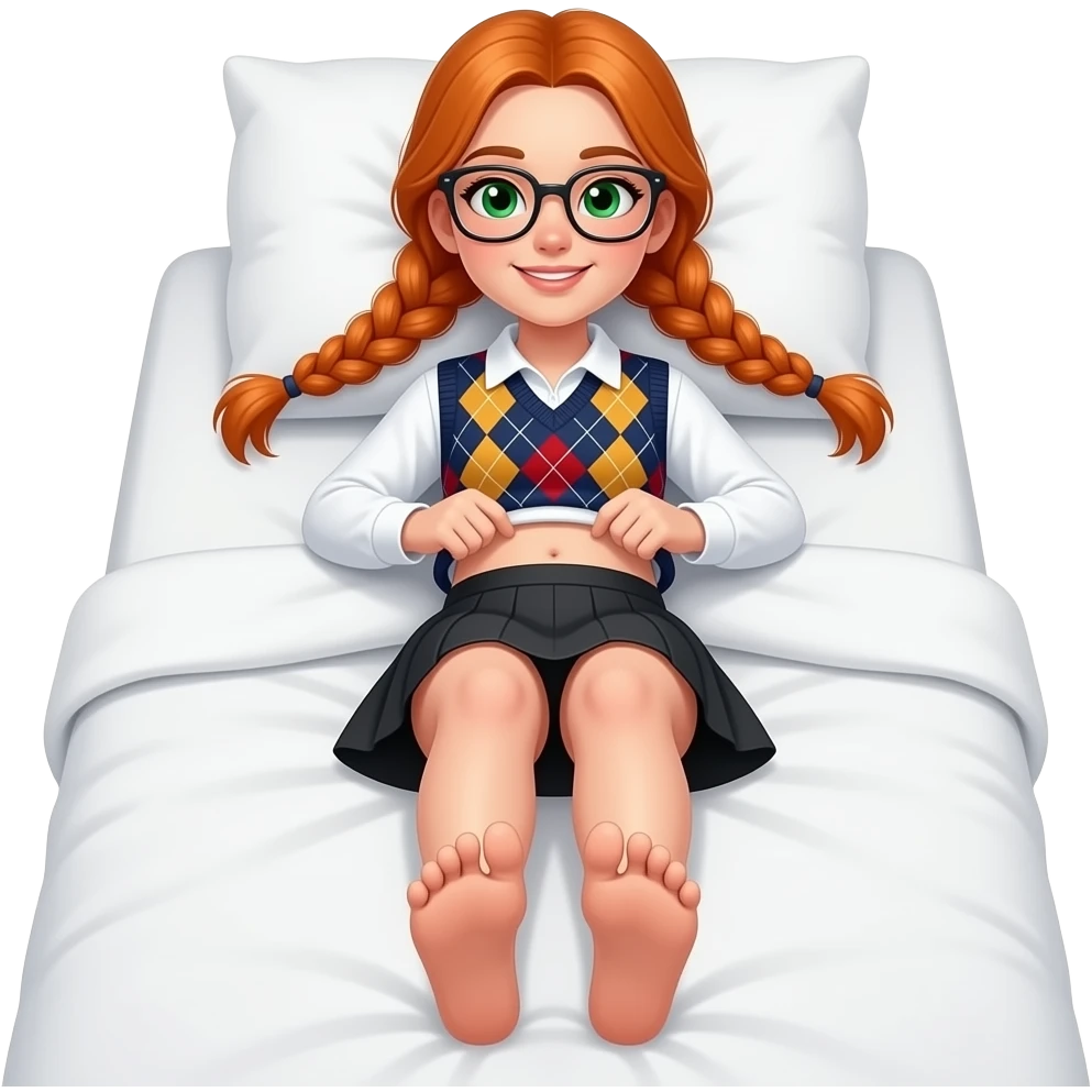 17 year old white woman green eyes orange braided pigtails rectangle glasses white long sleeved polo argyle dark blue red and yellow vest black skirt laying down on her pillow in bed showing her feet lift her shirt up to show belly emoji