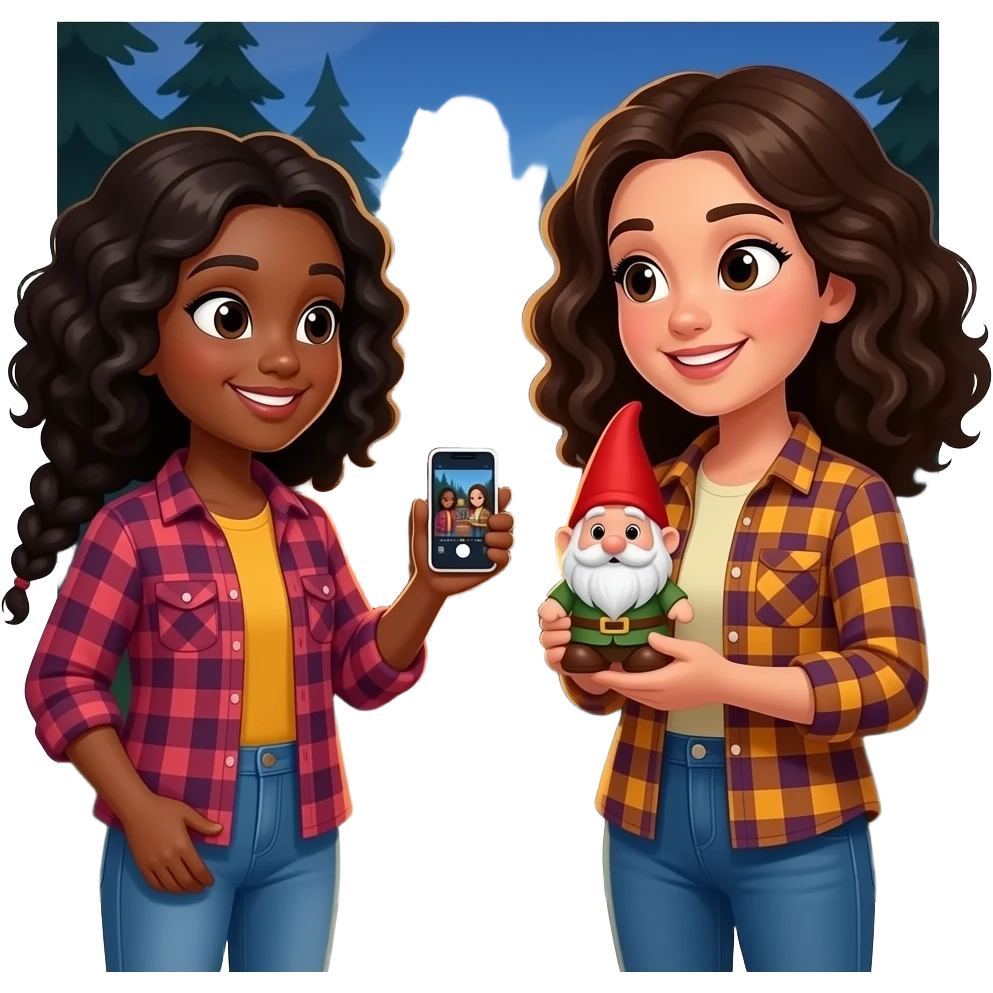 A black girl taking a photo of a spanish girl  holding a small gnome while standing in front of a cabin in the woods. Both wearing flannel in the evening emoji