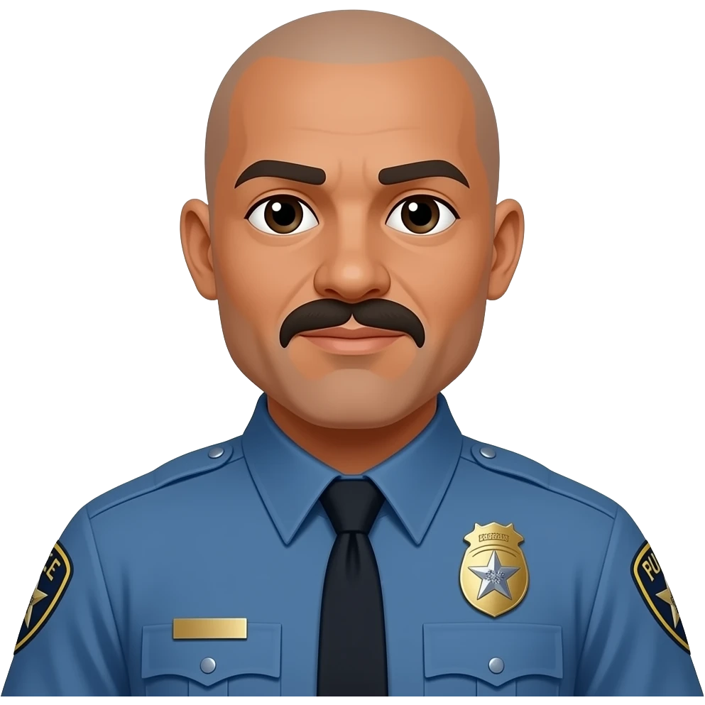 male police officer blue uniform with star badge, bald, moustache, darker skin, heavier face emoji