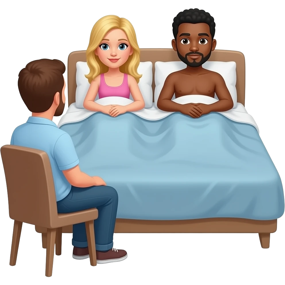 Man in chair watching two people in bed one blonde girl black male emoji