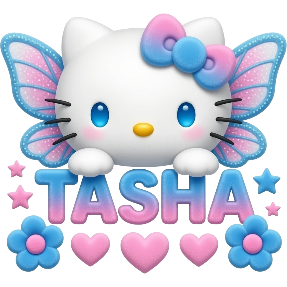 White velvety fur 3D hello kitty head with blue pink gradient 3D flower ...