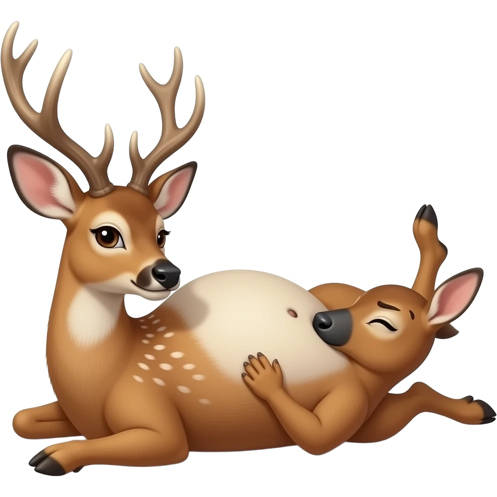 A female deer/doe is sprawling on her back unable to move,she got stuck by her own massive obese tummy,couldn’t even try defend her bellybutton from fingering tickling pokers,she is that Fat,She is too full for fun right now,that deer is going to pop. emoji