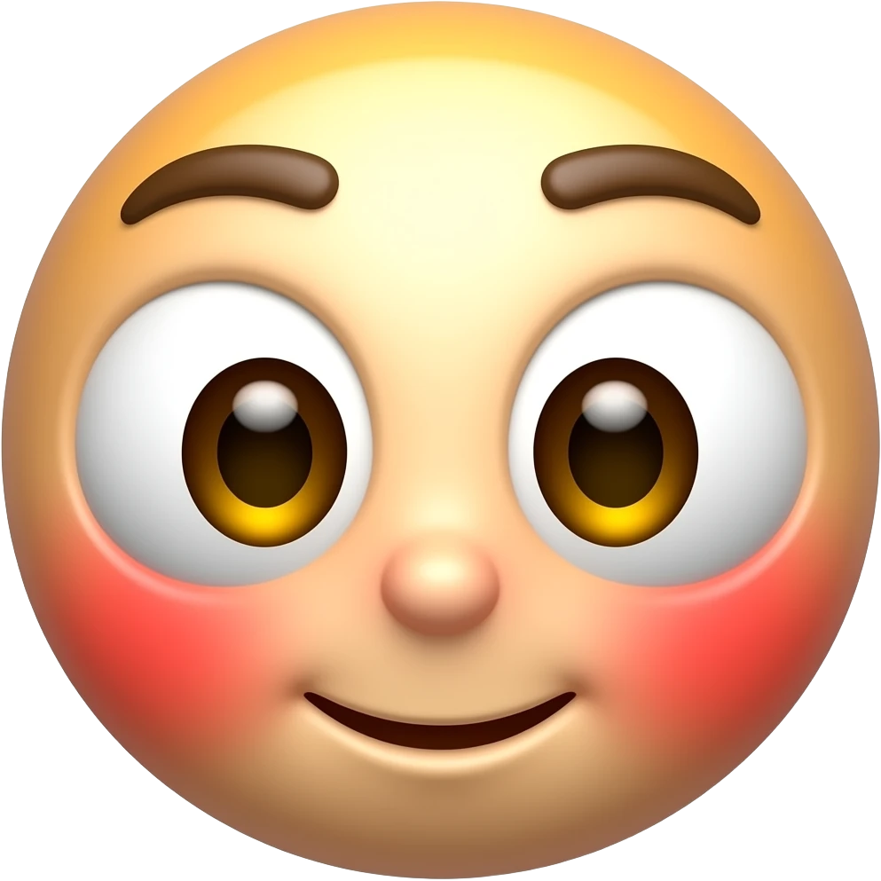 빨간 얼굴의 홍조를 하고 있는 노란 눈알   갈색 동공의 귀여운 만화 입체적 이모티콘 emoji