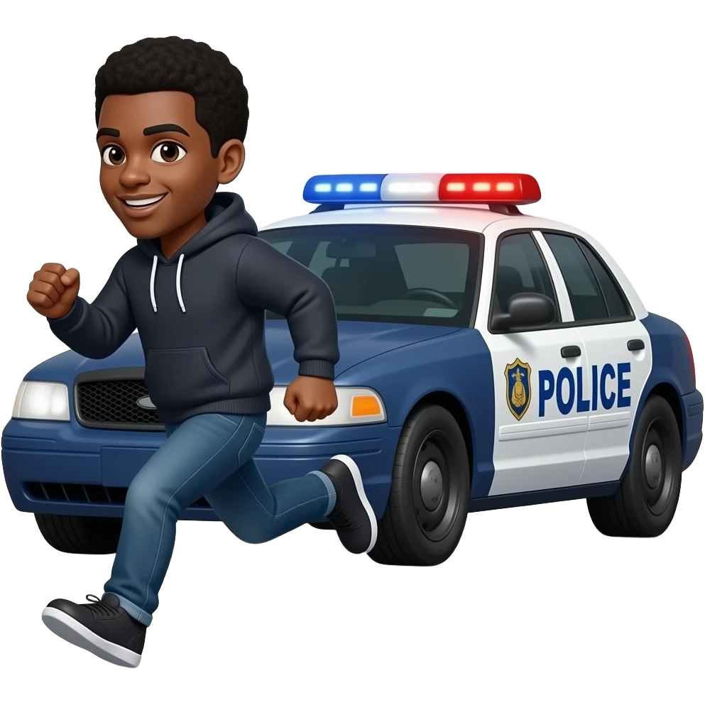 black male with hoodie running from police car in street at night emoji