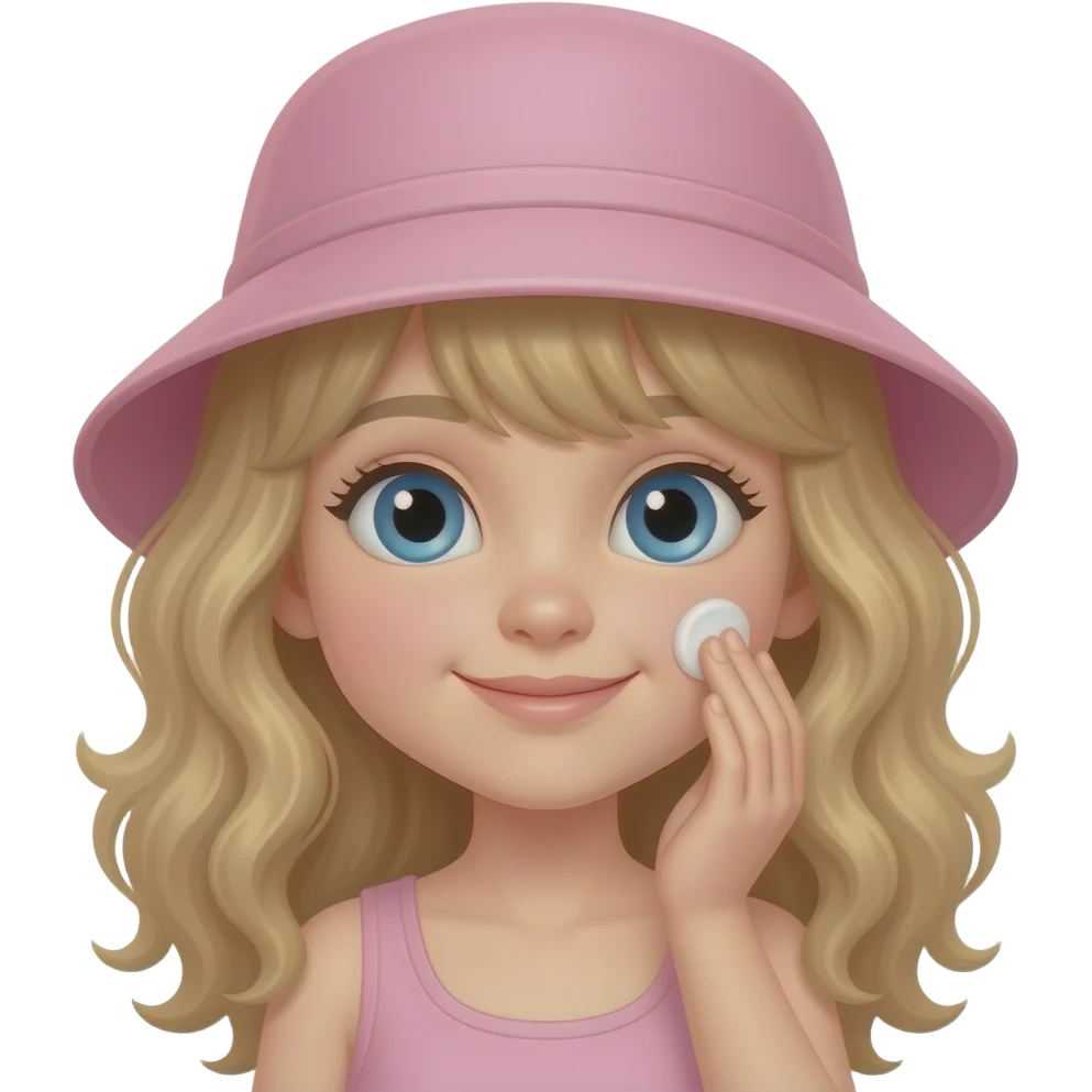 white kid blue eyes mid length with bangs soft curly hair to shoulders in color: middle to little darker blond, in a pink bucket hat, puts on lotion in her face emoji